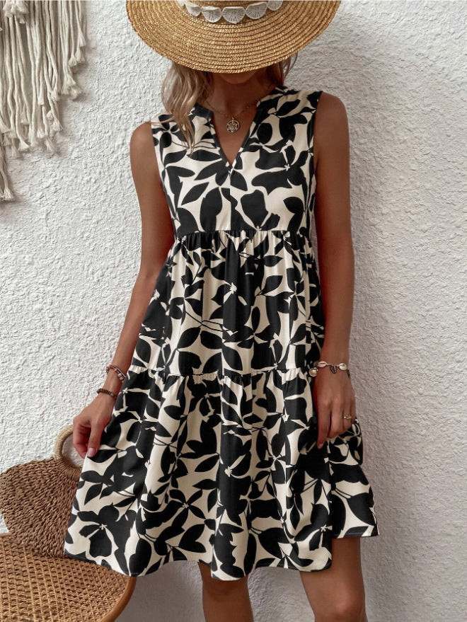 Robe Bohème d’Été Femme – Sans Manches, Plissée et Imprimée