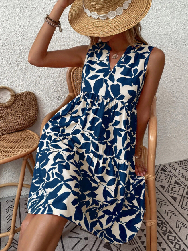 Robe Bohème d’Été Femme – Sans Manches, Plissée et Imprimée