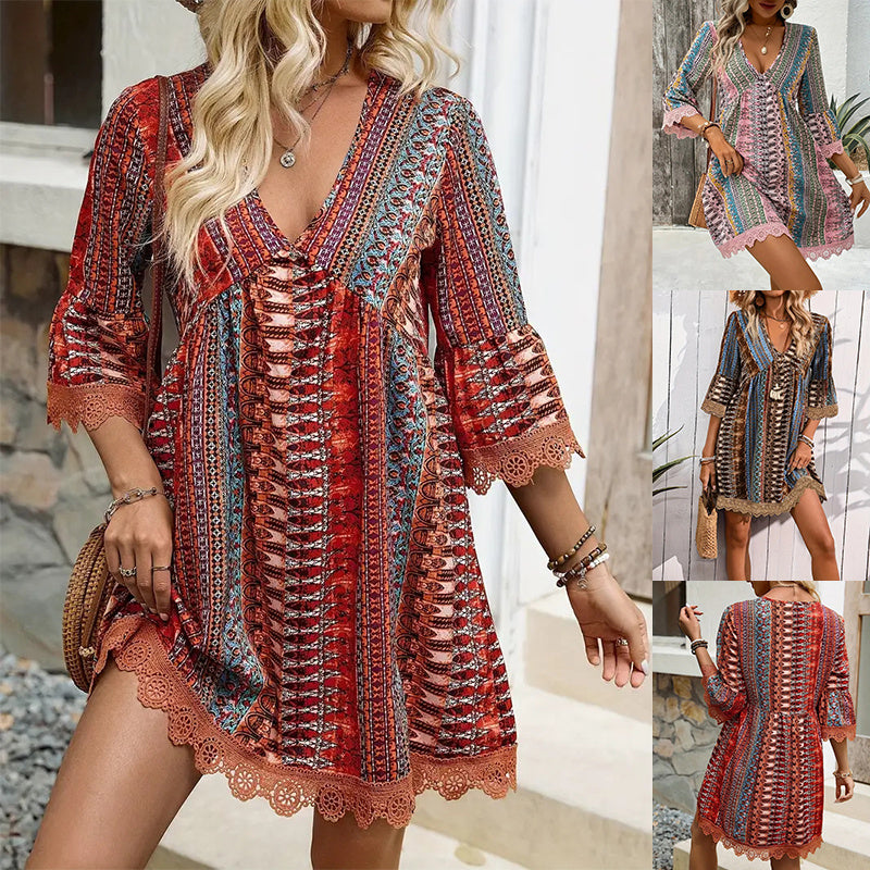 Robe Bohème Femme – Col V, Imprimé et Coupe Décontractée