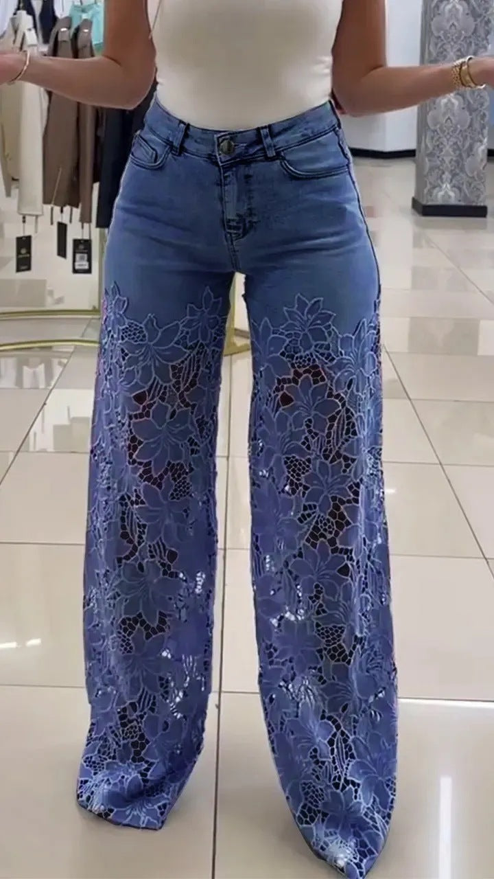 Jean Taille Haute Dentelle Fleurie – Élégance & Audace