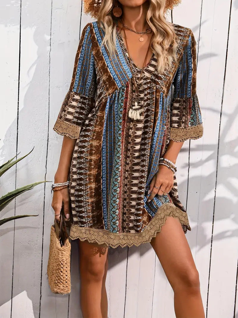 Robe Bohème Femme – Col V, Imprimé et Coupe Décontractée