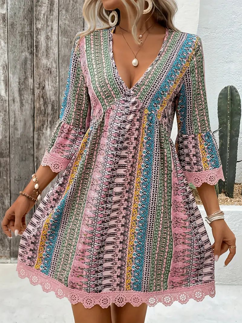 Robe Bohème Femme – Col V, Imprimé et Coupe Décontractée