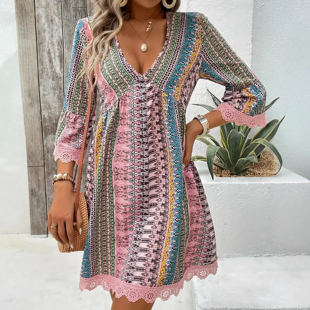 Robe Bohème Femme – Col V, Imprimé et Coupe Décontractée
