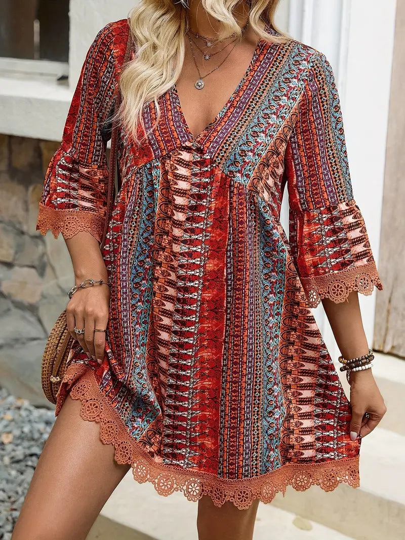 Robe Bohème Femme – Col V, Imprimé et Coupe Décontractée