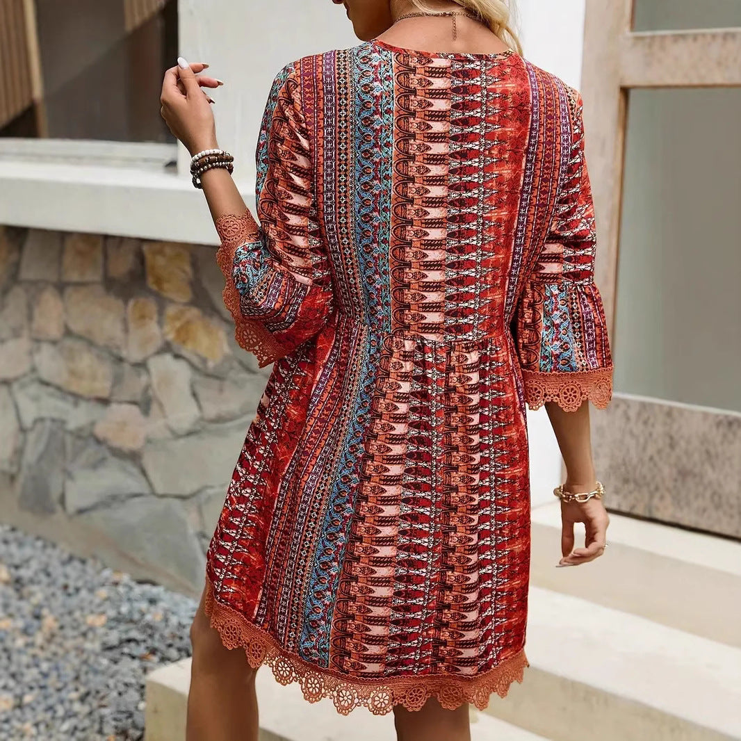 Robe Bohème Femme – Col V, Imprimé et Coupe Décontractée