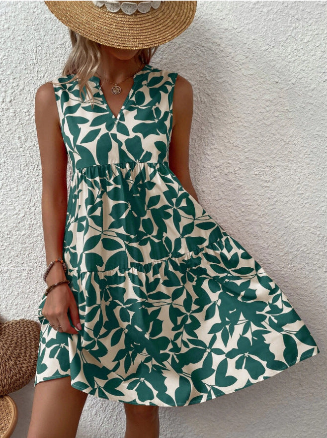 Robe Bohème d’Été Femme – Sans Manches, Plissée et Imprimée