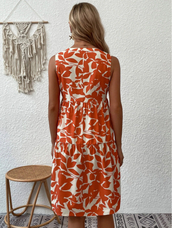 Robe Bohème d’Été Femme – Sans Manches, Plissée et Imprimée