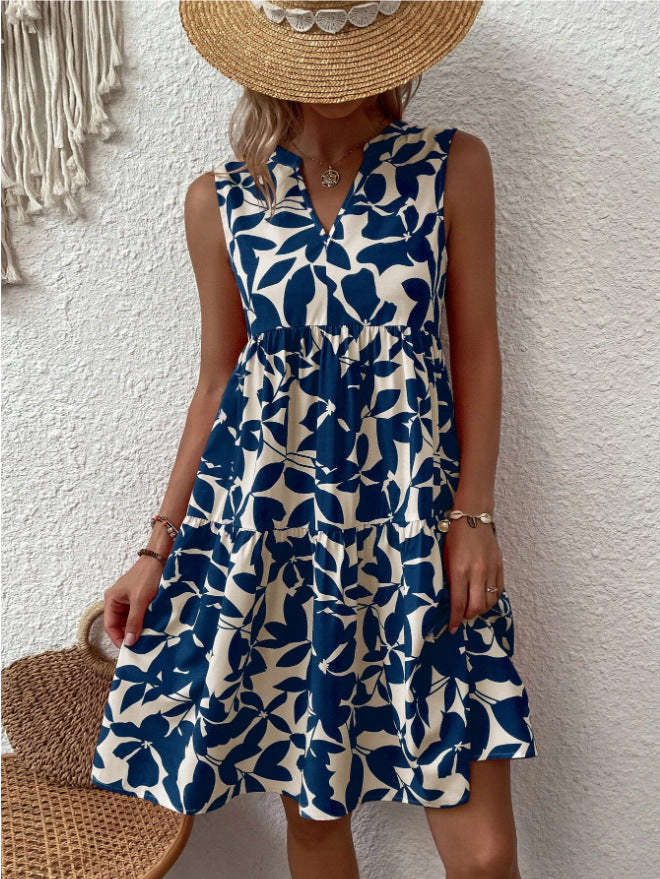 Robe Bohème d’Été Femme – Sans Manches, Plissée et Imprimée
