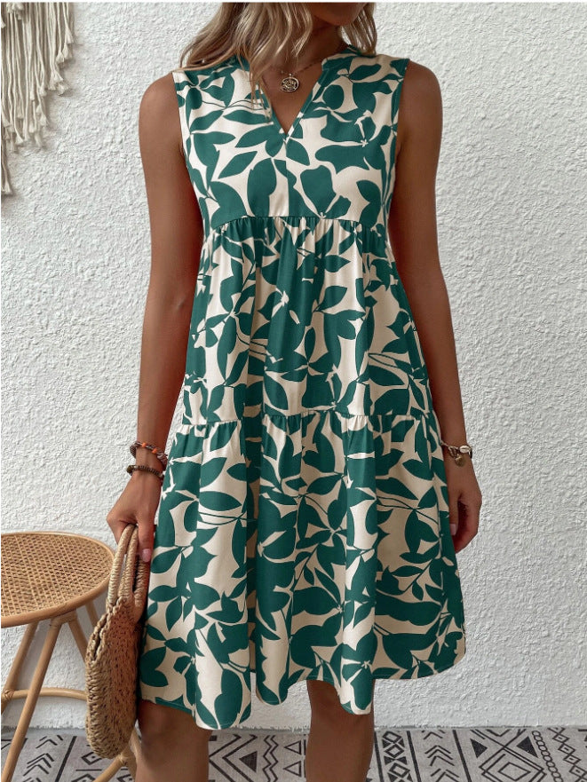 Robe Bohème d’Été Femme – Sans Manches, Plissée et Imprimée