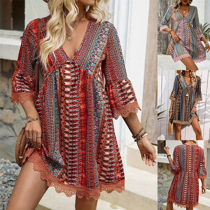 Robe Bohème Femme – Col V, Imprimé et Coupe Décontractée