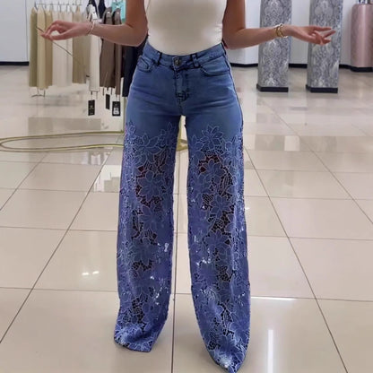Jean Taille Haute Dentelle Fleurie – Élégance & Audace