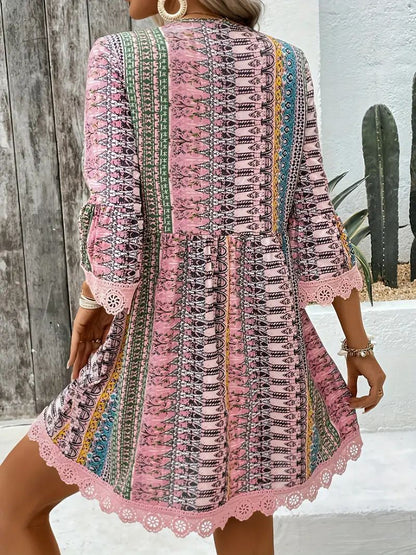 Robe Bohème Femme – Col V, Imprimé et Coupe Décontractée