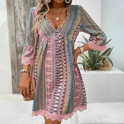 Robe Bohème Femme – Col V, Imprimé et Coupe Décontractée