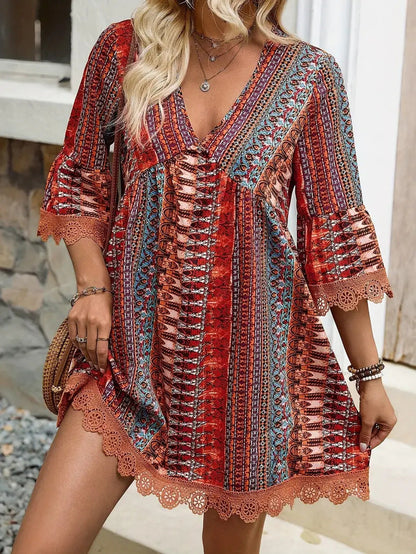 Robe Bohème Femme – Col V, Imprimé et Coupe Décontractée