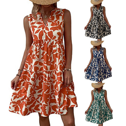 Robe Bohème d’Été Femme – Sans Manches, Plissée et Imprimée
