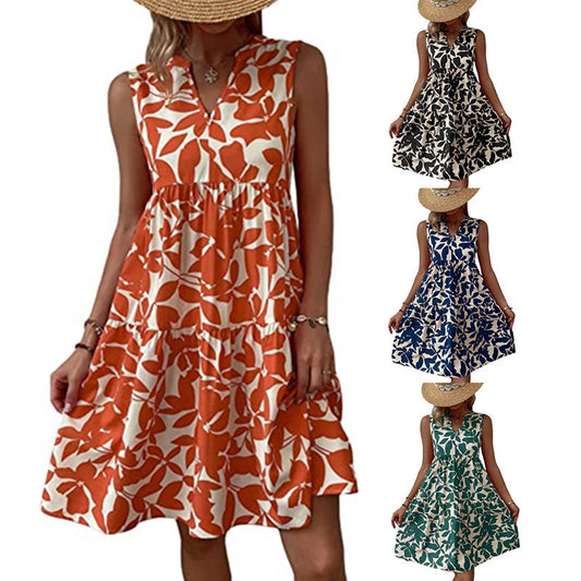 Robe Bohème d’Été Femme – Sans Manches, Plissée et Imprimée